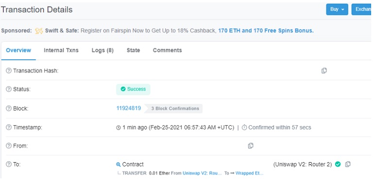 Detalles de la transacción Uniswap