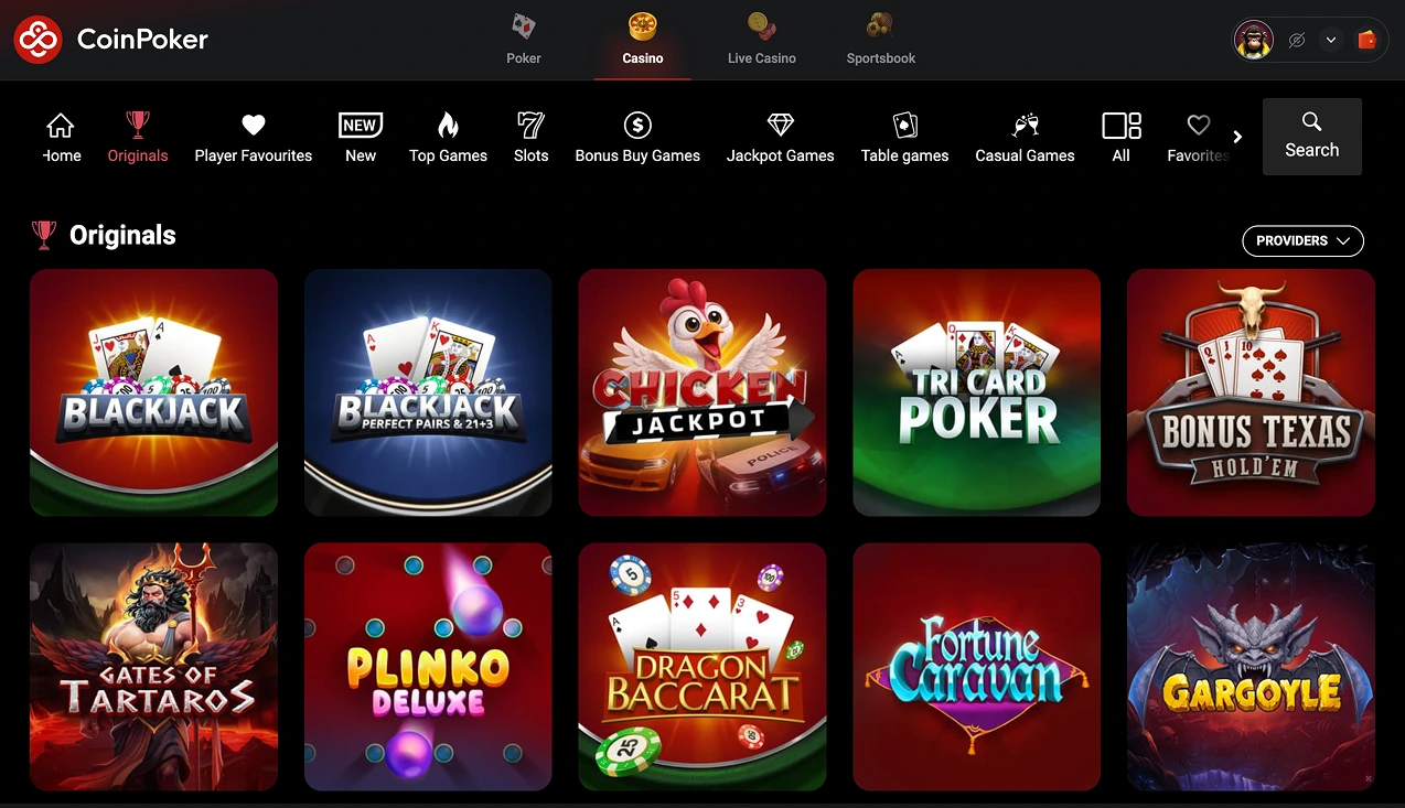 Una imagen del lobby de CoinPoker Casino, que muestra miniaturas de varios juegos nuevos, juegos principales y otras variantes de juegos de casino online.