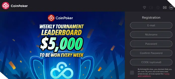 Una captura de pantalla muestra la página de inicio de la aplicación CoinPoker, donde los usuarios pueden registrarse o iniciar sesión en su cuenta y jugar al póquer, a juegos de casino o apostar en eventos deportivos.