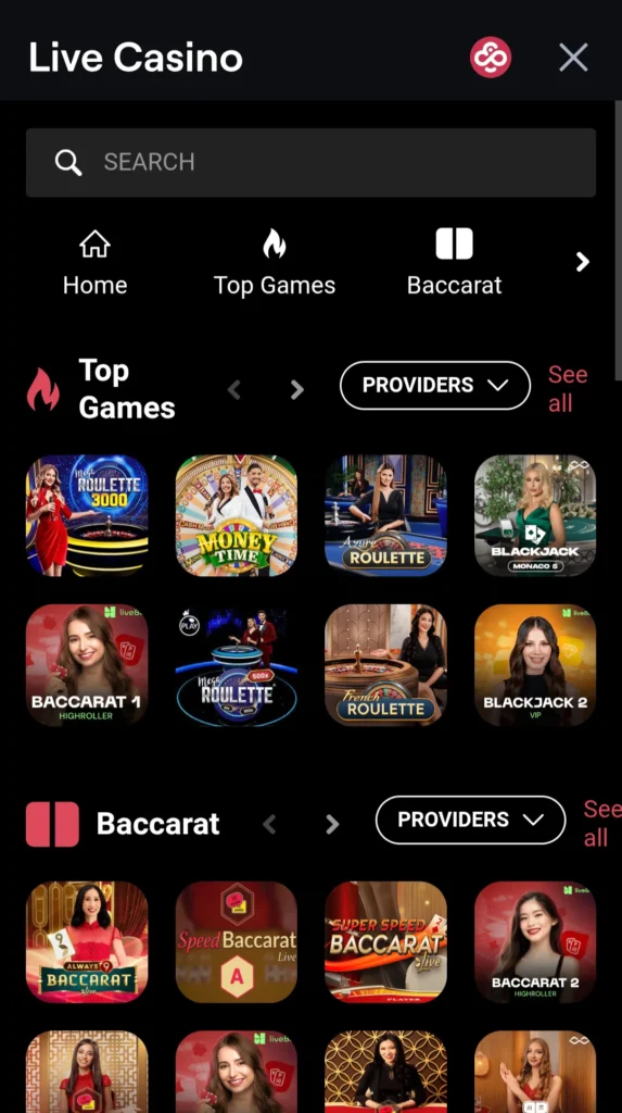 Juega a juegos de casino en vivo en móvil y PC